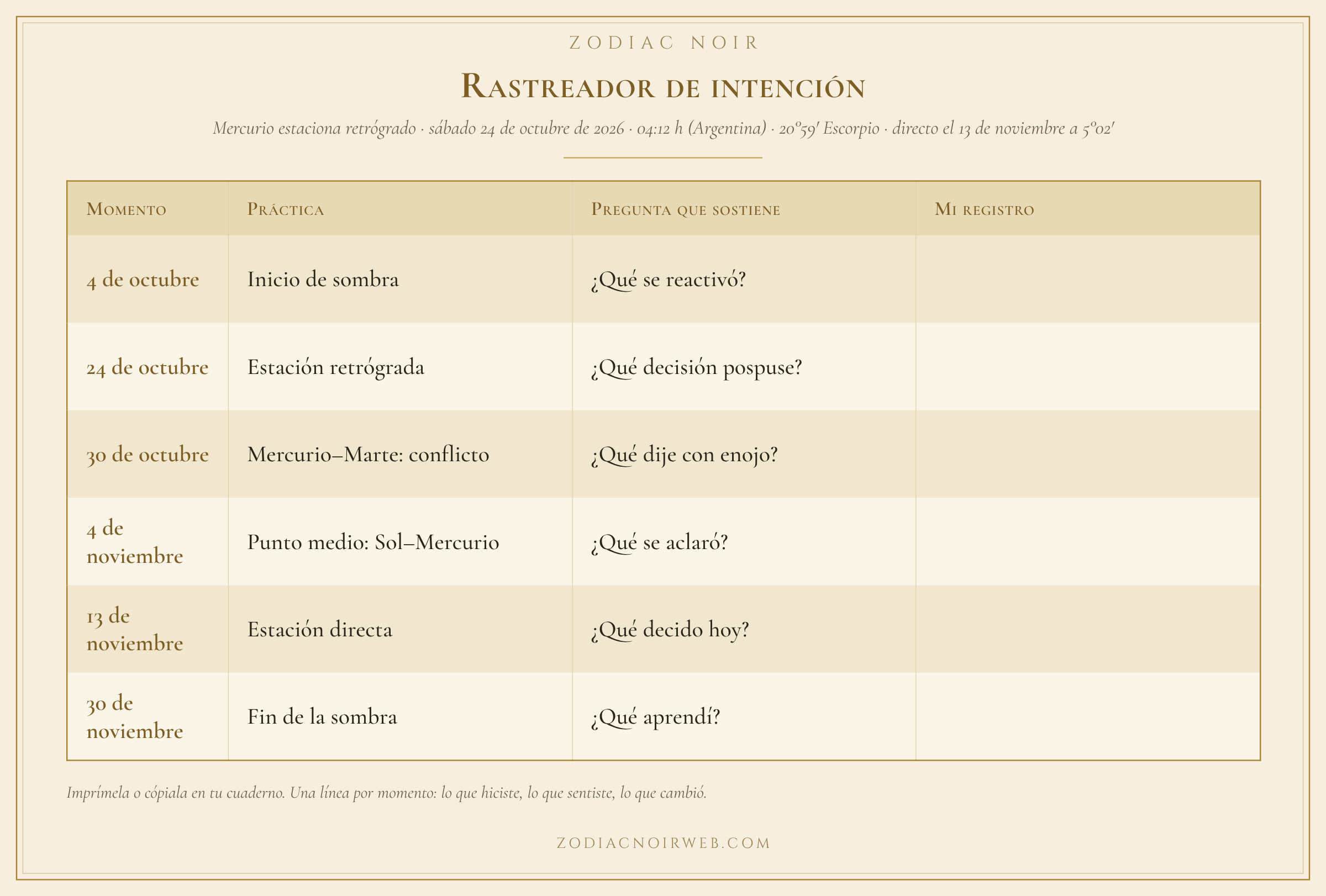 Seguimiento de intenciones, ideal para acompañar en tu cuaderno o journal astrologico