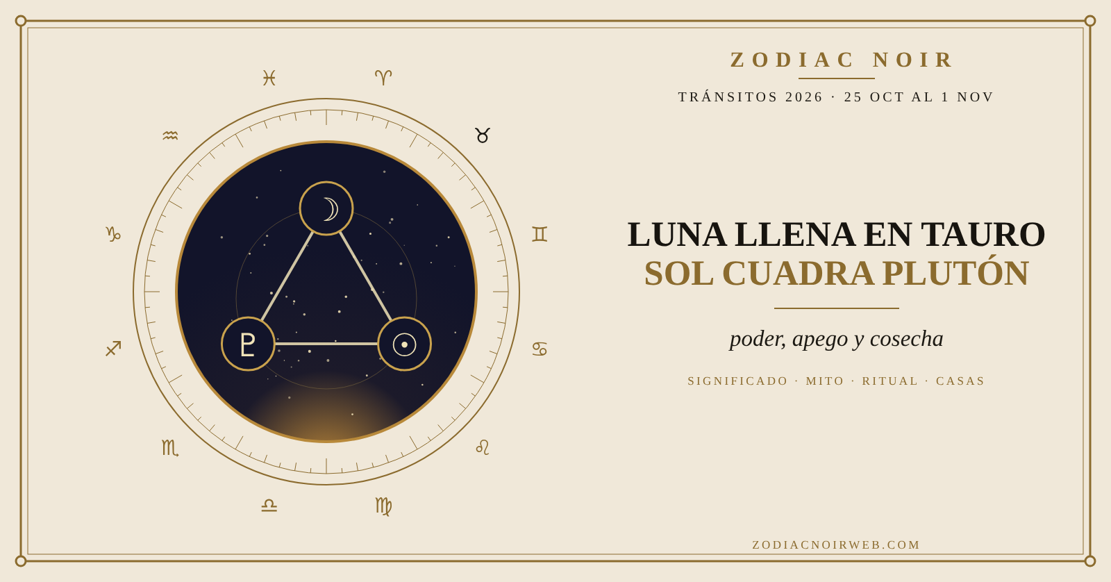 Ilustración horizontal de una luna llena sobre un campo cosechado y una silueta de montaña: tránsitos del 25 de octubre al 1 de noviembre de 2026